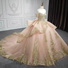 Pink Off Shoulder Ball Gown Quinceanera Dresses Tulle Gold Lace Appliques Beaded Sweet 16 Dress Vestido De 15 Anos Party Dress