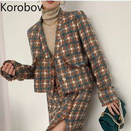 Korobov Korean Autumn Women V Neck Blazers and Vintage Elegant Skirts Two Pieces Sets Japanese Plaid Suits 231220