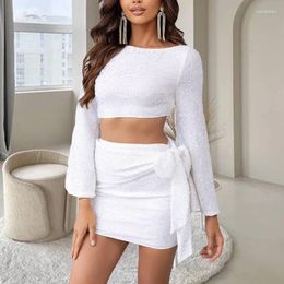 Skirts Two Piece Set Autumn Spring Women Sequined O-Neck Long Sleeve Top And Bow Mini Skirt Sexy Club Streetwear Dress