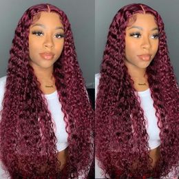 Yirubeauty 99J Indian Human Hair Kinky Curly 13X4 Lace Front Wig 10-32inch Free Part Burgundy Colour 130% 150% 180% Density