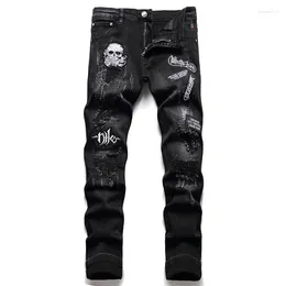 Men's Jeans Spring Autumn 2023 Ripped Black Fashion Skull Embroidery Slim Stretch Pants Motorcycle Clothing