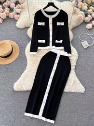 Sport Spring Korean 2 Piece Sets Outfits Women Long Sleeve Sweaters Tops + High Waist Knit Button Splicing Skirt Ladies Set 2024 Hot Sale