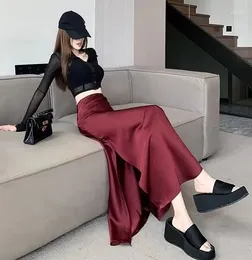 Skirts 2024 Summer Women Satin Skirt Elegant Wine Red A Line Shiny High Waist Mid-length Office Long For Womans