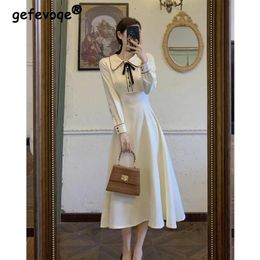 Dresses Korean Preppy Style Solid Long Sleeve Bow Peter Pan Collar Dress Women's Clothing 2022 Spring Autumn French Vintage Midi Dresses