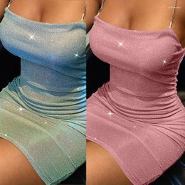 Casual Dresses Women Sexy Glitter Spaghetti Chain Straps Ruched Bodycon Mini Wrap Dress Shiny Shimmer Sequins Backless Package Hip Cocktail