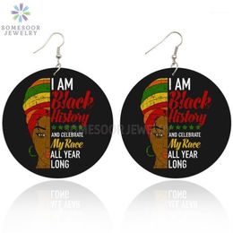 Dangle & Chandelier SOMESOOR Black History Race All Year Long African Wooden Drop Earrings Afro Headwrap Woman Power Saying Design2557