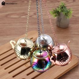 Metal Tea Strainer Teapot Shape Loose Tea Infuser Stainless Steel Leaf Tea Maker Strainer Chain Drip Tray Herbal Spice Philtre FY3945 1221