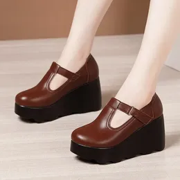 Dress Shoes 8cm Small Size 32-43 Vintage T-strap Gladiator Woman High Heels 2023 Soft Leather Platform Wedges For Office Mom
