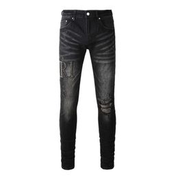 American Style High Street Hot Drill Letter Distressed Black Jeans 8823 Fccc1