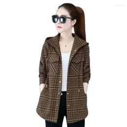 Women's Blouses Spring Autumn Mid-Long Casual Shirt Women 2024 Loose Hooded Plaid Blouse Covered Button Jacket Fashion Pocket Top Female