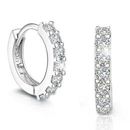 whole 2017 Silver Plated Hoop Huggie Earrings For Women White Crystal Zirconia Small Round Circle Creole Hoop Earing Wedding J345y