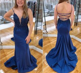 Party Dresses Mermaid V Neck Prom With Beads Spaghetti Strap Formal Evening Dress Criss-cross Back Wear