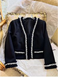 Women's Jackets HIGH STREET 2023 Est Designer Stylish Jacket Fashion V-Neck Long Sleeves Pearls Beaded
