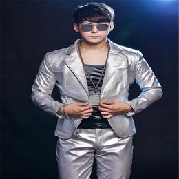 R63 Silver PU men suit singer stage QERFORMANCE wears dress dj host ballroom dance costumes party show model clothing outfits ds j205P