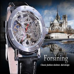 cwp 2021 Forsining Watch Bracelet Set Combination Silver Skeleton Red Hand Black Genuine Leather Automatic Watches Men Transparen240U