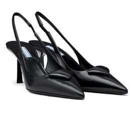 2024 Lady designer sandal high heels Triangle Brushed leather slingback sandals pointe toe pumps black white thin heel sling back dress pump with box 35-40