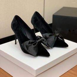 Dress Shoes 2024 Arrive Black Color Velvet And Silk Bow High Quality For Women 9.5cm Thin Heel Slingbacks Elegant Pumps