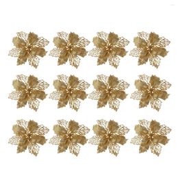 Decorative Flowers 12pcs Artificial Poinsettia Hollow Glittered Christmas Tree Ornaments Wreath Flower Arrangement ( Golden )