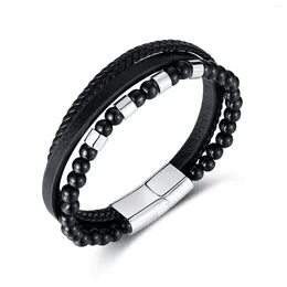Charm Bracelets Vintage Multi-Layer Black Agate Beaded Braided Leather Stainless Steel Magnet Men Wristband Jewellery
