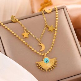 Chains ANENJERY L316 Stainless Steel Vintage Sun Star Moon Pendant Necklace For Women Fashion Double Layer Clavicle Chain Jewelry Gift