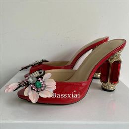 Women Crystal Handmade Butterfly-flower Sandals Bling Diamond High Heel Patent Leather Slingbacks Shoes Summer 485 565 c