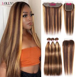 Highlight Straight Bundles With Frontal Remy Human Hair Lace 13x4 Brazilian 4 PCS 231221