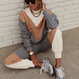 Women's Two Piece Pants 2023 Fashionable Style Autumn And Winter Sports Casual Colour Block Sweater Set