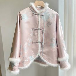 Women's Trench Coats Chinese Style Winter Plush Jacket Women Retro Ethnic White Fur Collar Printed Plate Quilted Coat Outwear