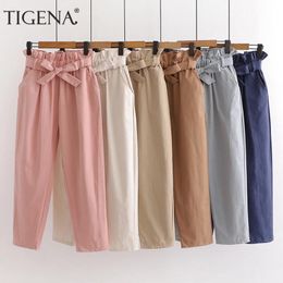 Capris TIGENA Cute Bow Belt Pants For Women 2021 Spring Summer Ankle Length High Waist Trousers Women Korean Pink Harem Pants Female