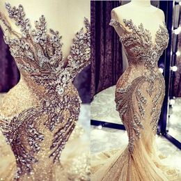 Stunningbride 2024 Champagne Wedding Dresses Lace Crystal Beads Sequin Sweep Train Jewel Neck Mermaid Wedding Dress Real Picture Cap Sleeve Luxury Bridal Gowns
