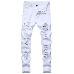 Men's White Jeans Fashion Hip Hop Ripped Skinny Men Denim Trousers Slim Fit Stretch Distressed Zip Jean Pants High Quality 231220