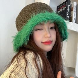 Berets Korean Ins Niche Hand-knitted Fisherman's Hat Women Autumn And Winter Leisure Warm Versatile Lace-up Contrast Colour Bucket Hats