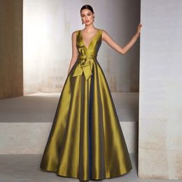 Elegant A-line Evening Pageant Dress 2024 V Neck Sleeveless Backless Bow Sash Satin Prom Party Formal Gowns Vestidos De Feast Robe De Soiree Casamento