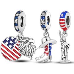 Silver Eagle and America Flag Dangle 925 Sterling Silver Statue Of Liberty Charm Beads Fit Pando Bracelet Necklace DIY Jewelry