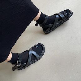 Vacation Beach Outdoor Ankle Sandals Buckle Flats Classic Leather Casual Shoes Summer Sandalias Mujer Cross Strap Chaussures 96262