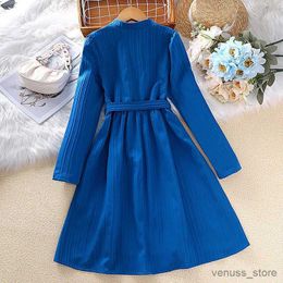 Girl's Dresses Kids Casual Dress for Girls Clothes 2023 New Autumn Child Long Sleeve Blue Princess Dress with Belt Fashion Children 7-14Y