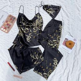 Women's Sleepwear Pijamas Suit Sexy Silk Satin Pyjamas Three-Piece Set Women Print Intimate Lingerie Summer Suspender Home Wear