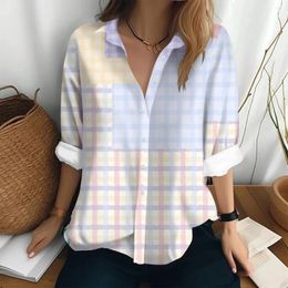 Women's Blouses 2023 Autumn Plaid Shirt Women Button Up Female Ladies Loose Polo-neck Chequered Casual Long Sleeve Blouse For