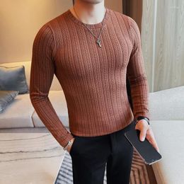 Men's T Shirts 2023 Autumn Striped Long Sleeve T-shirt Men Casual Business Round Neck Slim Fit Elastic Bottoming Tee Tops Clothing