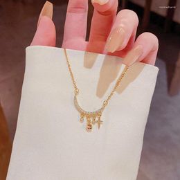 Chains Fashion Real 925 Sterling Silver Crystal Zircon Star Moon Tassel Pendant Chain Necklace For Women Party Wedding Jewelry