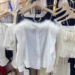 Women's Blouses WDMSNA Off Shoulder Feather Shirt For Women Autumn 2023 French Long Sleeve Slash Neck White Blusas Thin Top