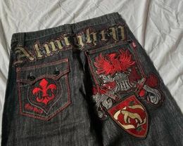 Jeans ricamati con lettera patchwork americana di alta strada per uomo jeans gotici a gamba larga moda Harajuku pantaloni casual retrò y2k 231220