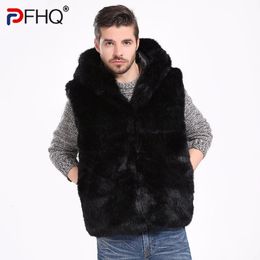 PFHQ Autumn Men's Faux Fur Sleeveless Vest Solid Colour Hooded High Street Motorcycle Outdoor Personality Waistcoat 21Z1896 231220