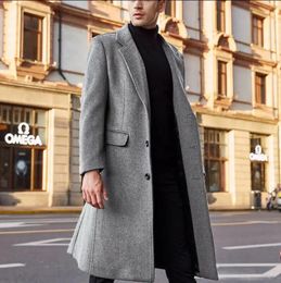 한국 트렌드 남성용 느슨한 캐주얼 한 가슴 오버 코트 가을 겨울 패션 긴 소매 모직 긴 코트 231220