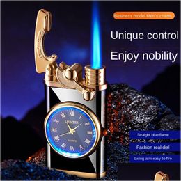 Lighters Creative Watch Jet Cigar Lighter Gas Refill Torch Turbo Windproof Metal Blue Flame Butane Men Smoking Gadgets Drop Delivery Dhha8