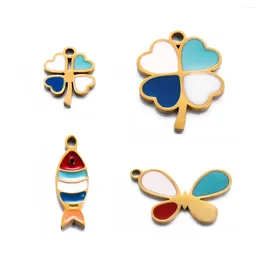 Charms 5pcs Stainless Steel Enamel Multicolor Clover Fish Butterfly Cute Making DIY Necklace Earrings Bracelet Component