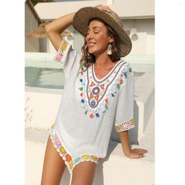 Casual Dresses Women Summer Boho Style Dress Loose V Neck Colorful Embroidered Hand Hook Stitched Beach Street Vestidos
