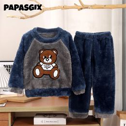 Childrens Pyjama Sets For Baby Boys Girls Winter Plus Velvet Thick Flannel Fleece Homewear Children Warm Cartoon Sleepwear Suit 231220