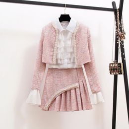 2023 High Quality Women Autumn Winter 3 Piece Sets Lady Fashion Elegant Slim Coat Skirt Shirt Three piece Suit Tweed 231220