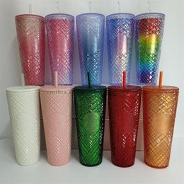 Starbucks Double Plaid Cup Straw Cup 710ML Tumblers Mermaid Plastic Cold Water Coffee Cups Gift Mug Pink274t